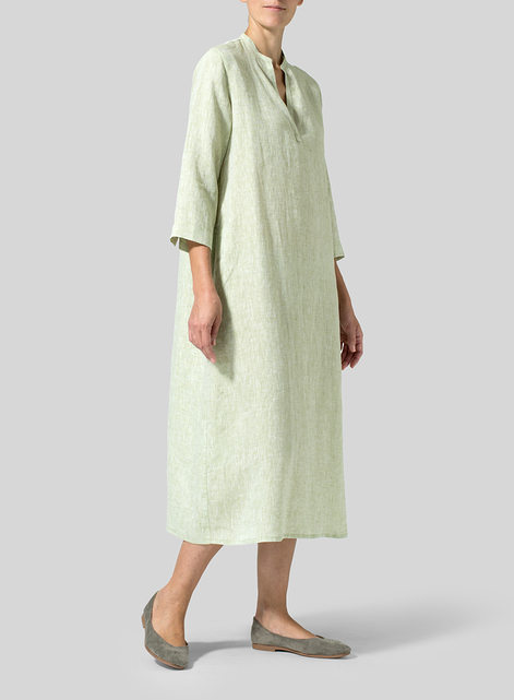 Linen V-neck Mandarin Collar Dress Tunic