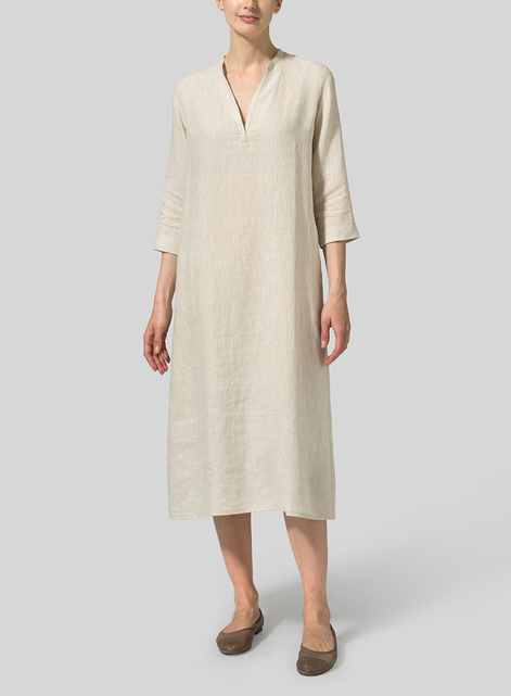 Linen V-neck Mandarin Collar Dress Tunic