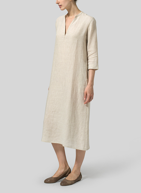 Linen V-neck Mandarin Collar Dress Tunic