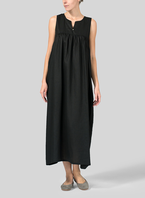Linen Sleeveless Pleated Maxi Dress