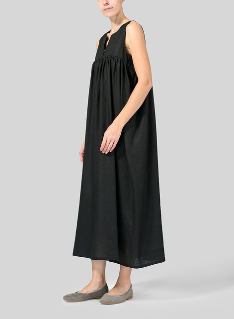 Linen Sleeveless Pleated Maxi Dress