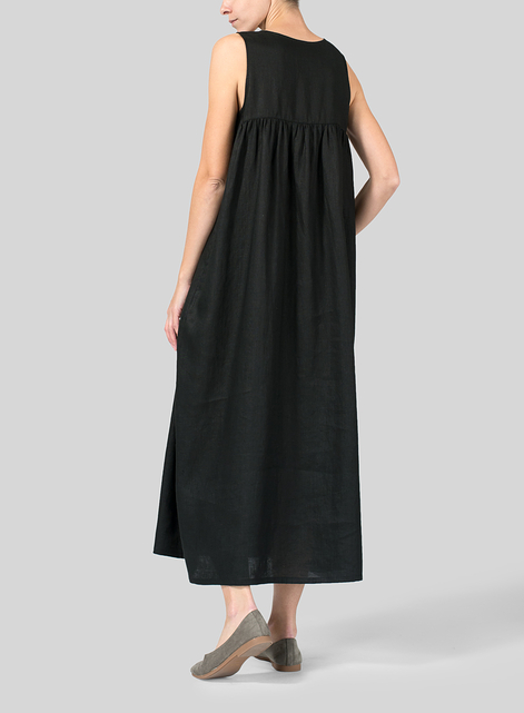 Linen Sleeveless Pleated Maxi Dress