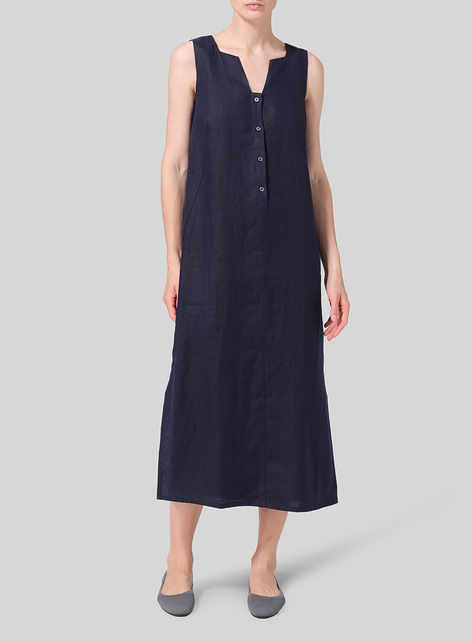 Linen Front Placket Opening Straight Cut Long Dress