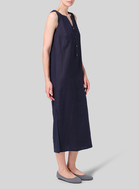 Linen Front Placket Opening Straight Cut Long Dress