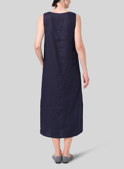 Linen Front Placket Opening Straight Cut Long Dress