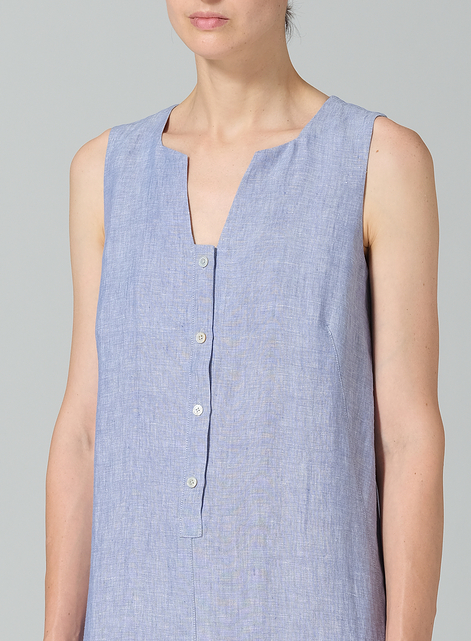 Linen Front Placket Opening Straight Cut Long Dress