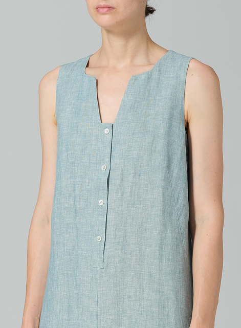 Linen Front Placket Opening Straight Cut Long Dress