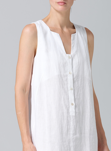 Linen Front Placket Opening Straight Cut Long Dress