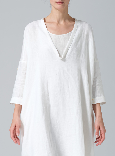 Woven Linen Roll Sleeve Deep V-neck Tunic