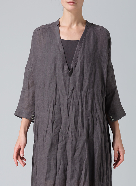 Woven Linen Roll Sleeve Deep V-neck Tunic