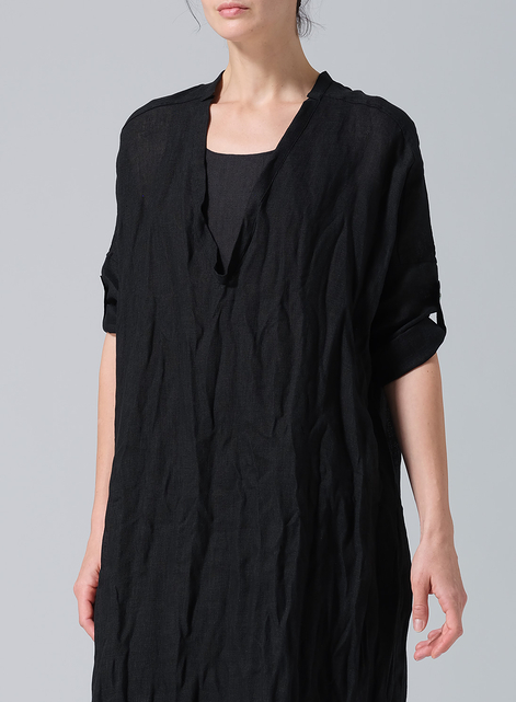 Woven Linen Roll Sleeve Deep V-neck Tunic