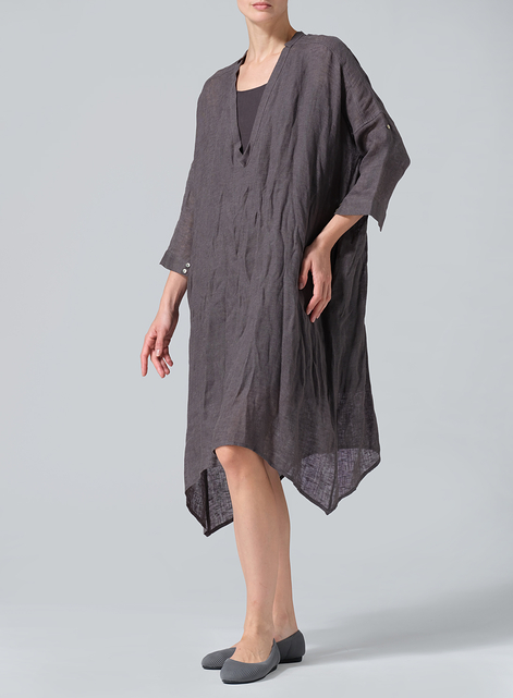Woven Linen Roll Sleeve Deep V-neck Tunic