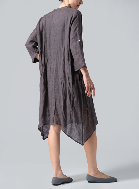 Woven Linen Roll Sleeve Deep V-neck Tunic