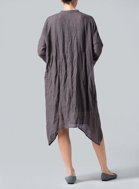 Woven Linen Roll Sleeve Deep V-neck Tunic