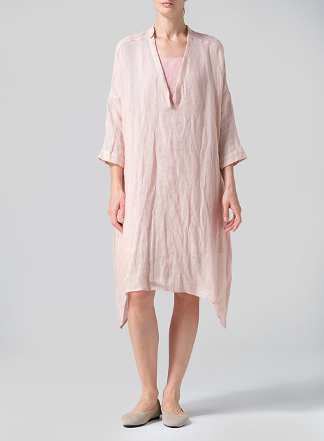 Woven Linen Roll Sleeve Deep V-neck Tunic