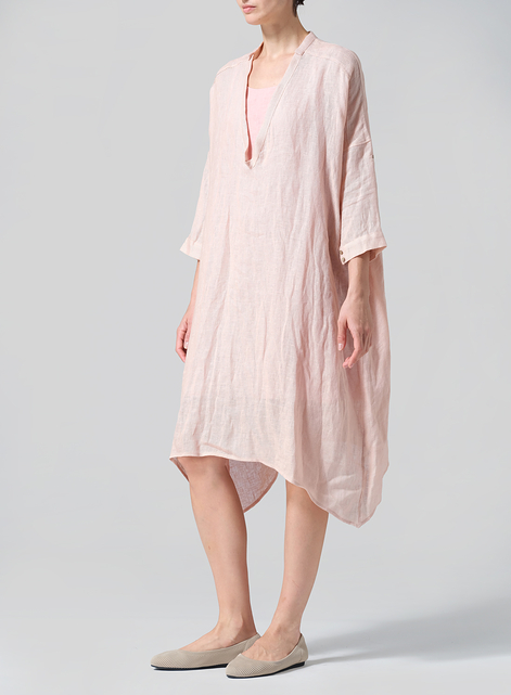 Woven Linen Roll Sleeve Deep V-neck Tunic
