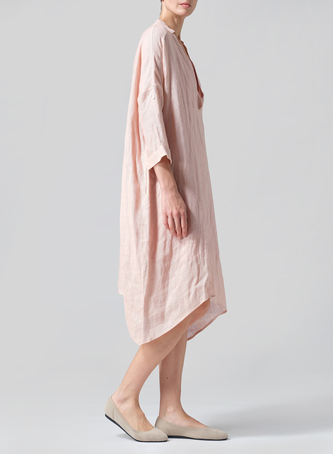 Woven Linen Roll Sleeve Deep V-neck Tunic