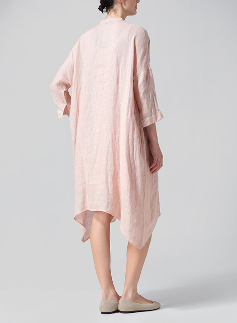 Woven Linen Roll Sleeve Deep V-neck Tunic