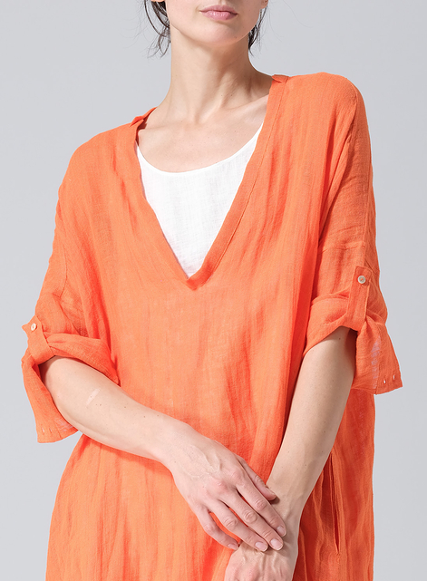 Woven Linen Roll Sleeve Deep V-neck Tunic