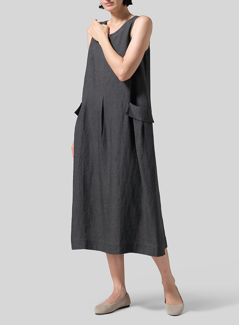 Linen Loose-Fitting Double pockets Sleeveless Dress