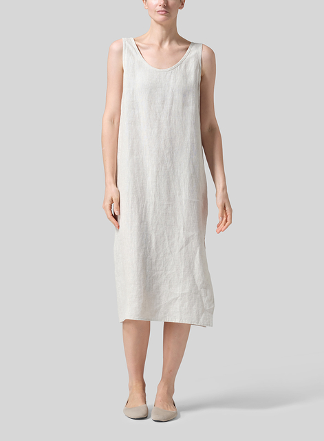 Linen Sleeveless Wide Round Neck Midi Dress