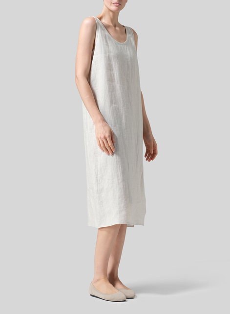 Linen Sleeveless Wide Round Neck Midi Dress