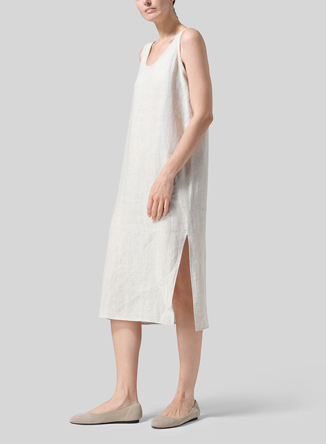 Linen Sleeveless Wide Round Neck Midi Dress