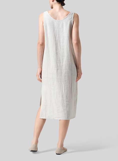 Linen Sleeveless Wide Round Neck Midi Dress