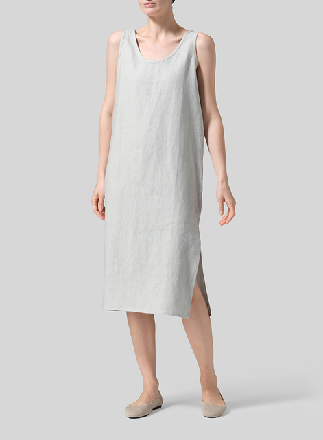 Linen Sleeveless Wide Round Neck Midi Dress