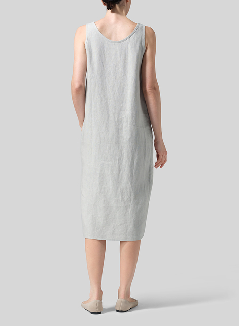 Linen Sleeveless Wide Round Neck Midi Dress