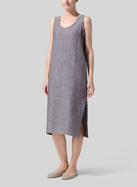 Linen Sleeveless Wide Round Neck Midi Dress