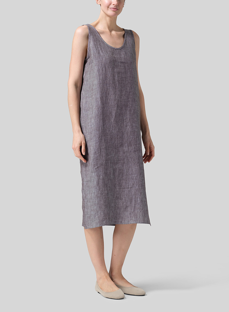 Linen Sleeveless Wide Round Neck Midi Dress