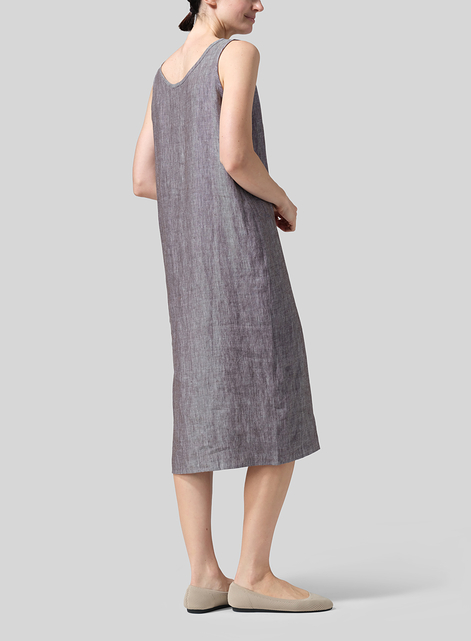 Linen Sleeveless Wide Round Neck Midi Dress