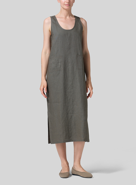 Linen Sleeveless Patch Pockets Midi Dress