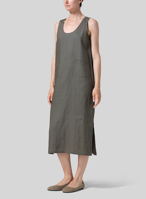 Linen Sleeveless Patch Pockets Midi Dress