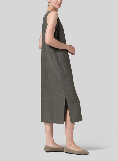Linen Sleeveless Patch Pockets Midi Dress