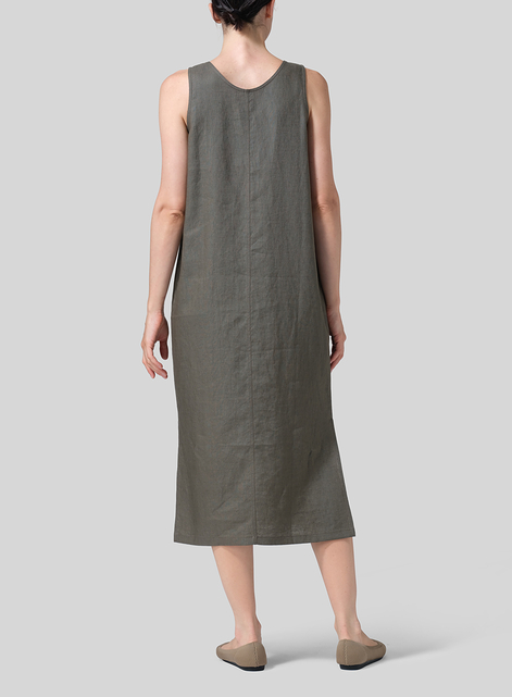 Linen Sleeveless Patch Pockets Midi Dress