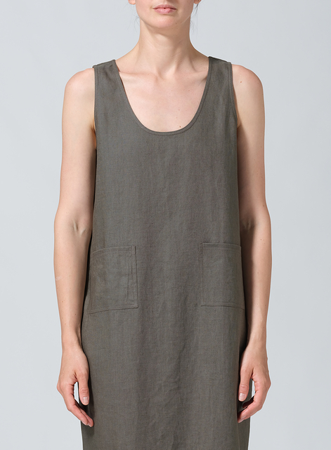Linen Sleeveless Patch Pockets Midi Dress