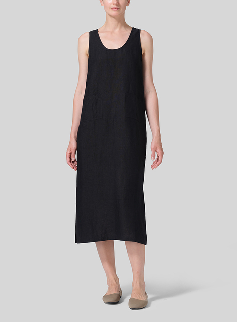 Linen Sleeveless Patch Pockets Midi Dress