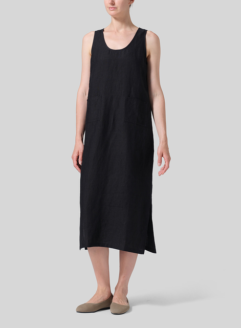 Linen Sleeveless Patch Pockets Midi Dress