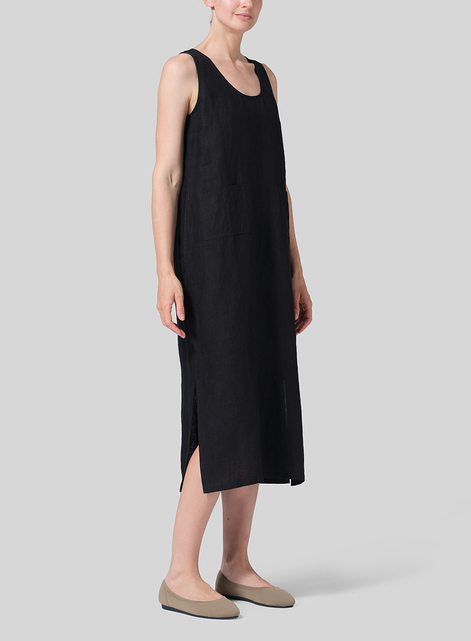 Linen Sleeveless Patch Pockets Midi Dress