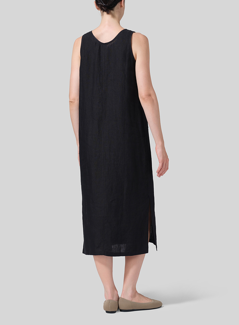 Linen Sleeveless Patch Pockets Midi Dress