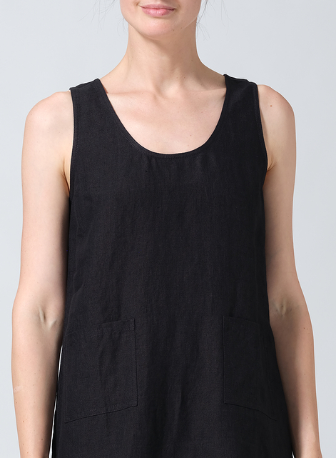 Linen Sleeveless Patch Pockets Midi Dress
