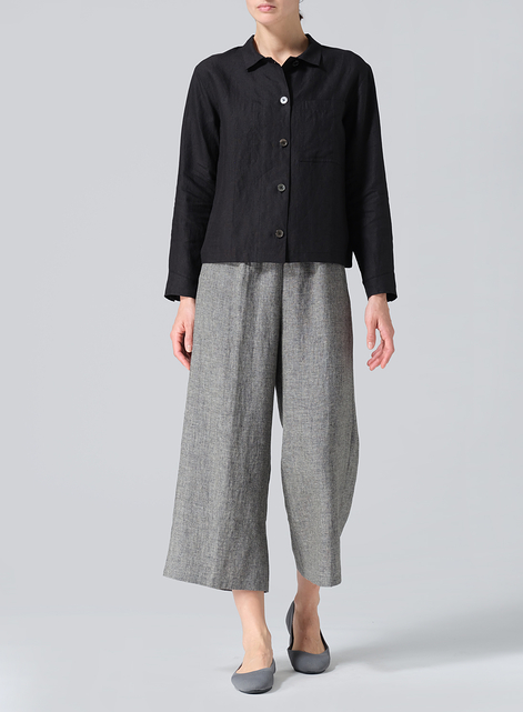 Linen Cropped Shirt Jacket with Pockets