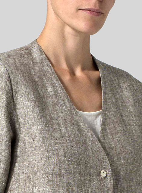 Linen Straight Fit V-Neck Long Jacket