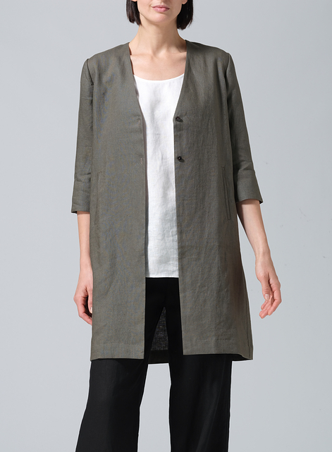 Linen Straight Fit V-Neck Long Jacket