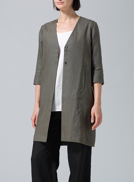 Linen Straight Fit V-Neck Long Jacket