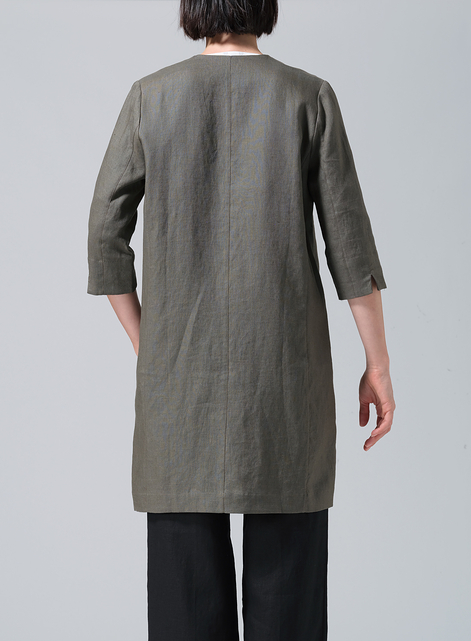 Linen Straight Fit V-Neck Long Jacket