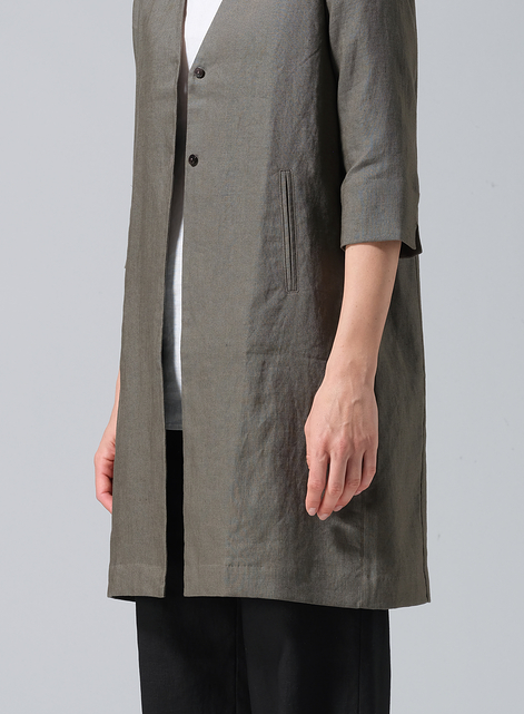 Linen Straight Fit V-Neck Long Jacket