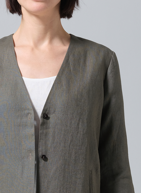 Linen Straight Fit V-Neck Long Jacket